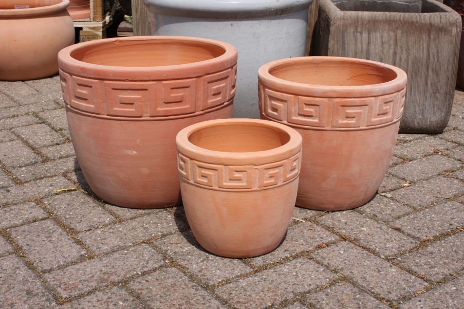 23 set van 3 ronde bloempotten terracotta hal54