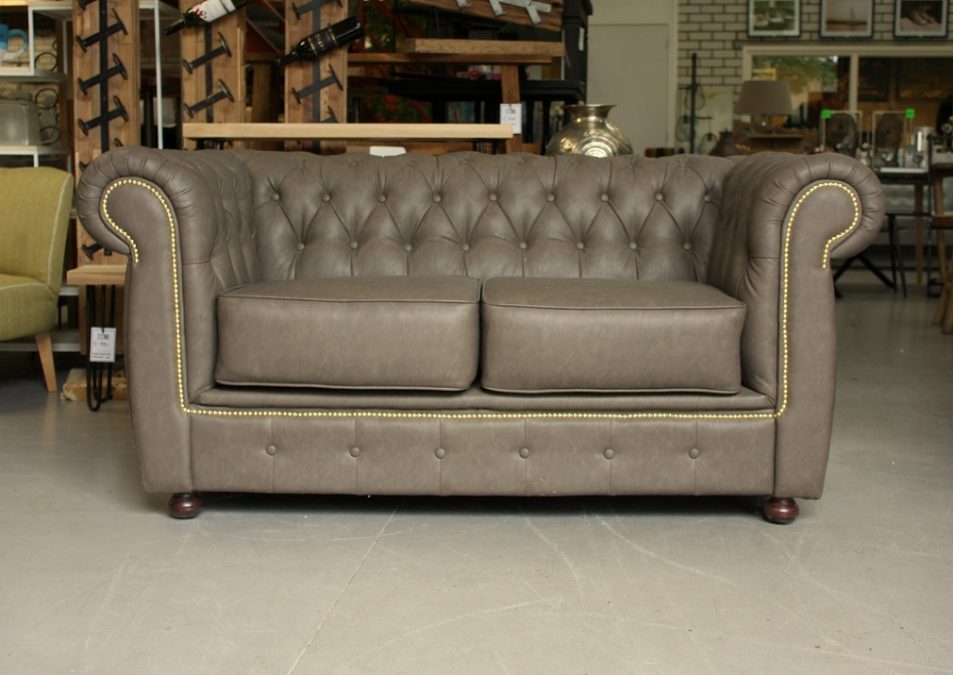 55 zitbank chesterfield taupe tweezits leer vintage hal54-