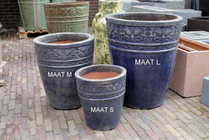 29 ronde hoge aardewerk bloempot geglazuurd blauw met sierlijke rand hal54+