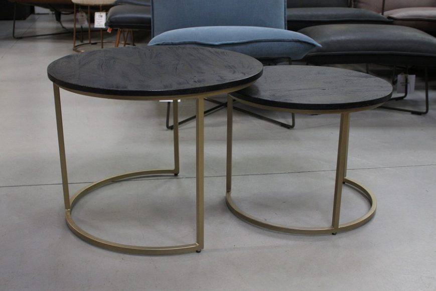 7 set van 2 ronde salontafel metaal goud mangohout zwart hal54