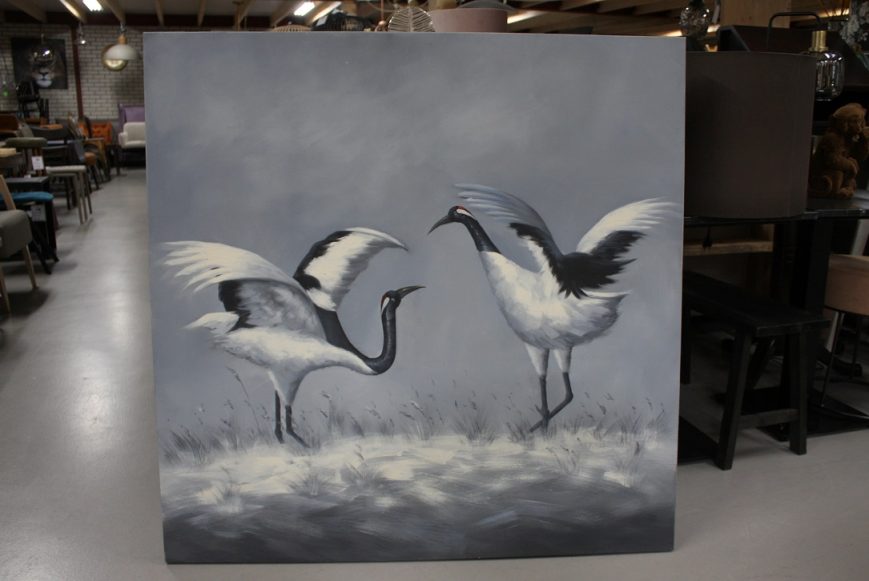 20 vierkant schilderij canvas Japanse kraanvogels grijs wit zwart 120×120 cm hal54