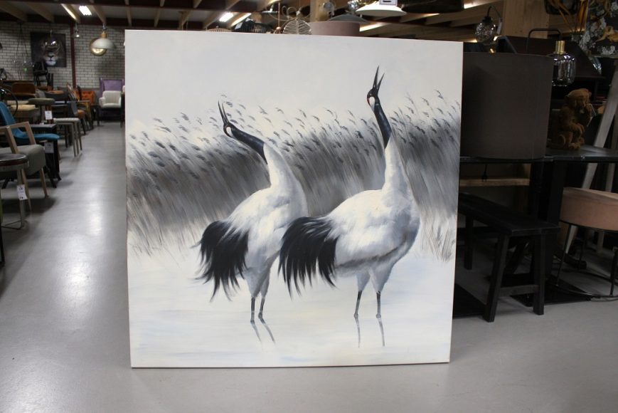 21 vierkant schilderij canvas Japanse kraanvogels grijs wit zwart 120×120 cm hal54